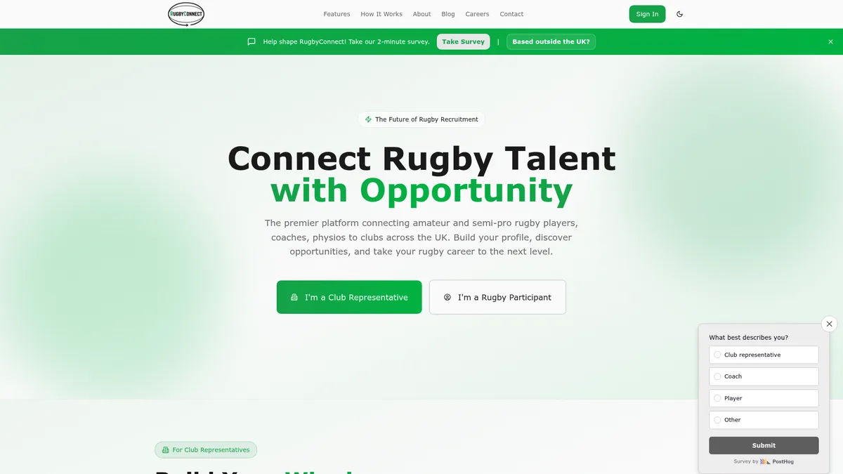 RugbyConnect rugby recruitment platform homepage